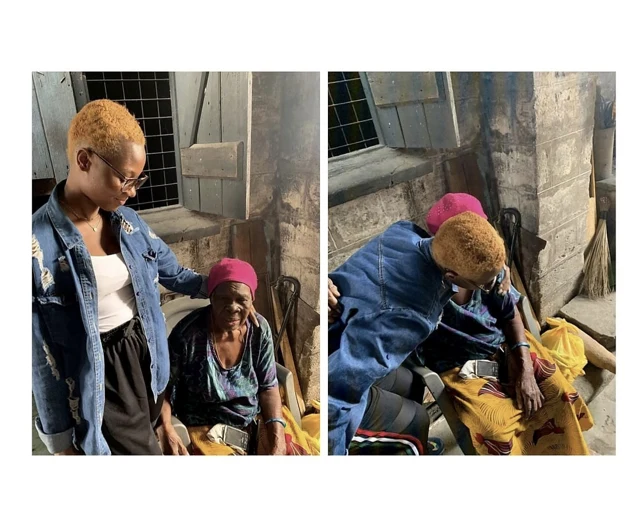 Two side-by-side photographs show a woman in a denim jacket standing beside and embracing a seated older woman.